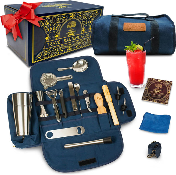 Aberdeen Oak Deluxe Travel Bartender Kit - Compact & Durable Mixology Set with Stainless Steel Bar Tool Essentials - Premium, Organized Portable Case for The Nomadic Cocktail Enthusiast
