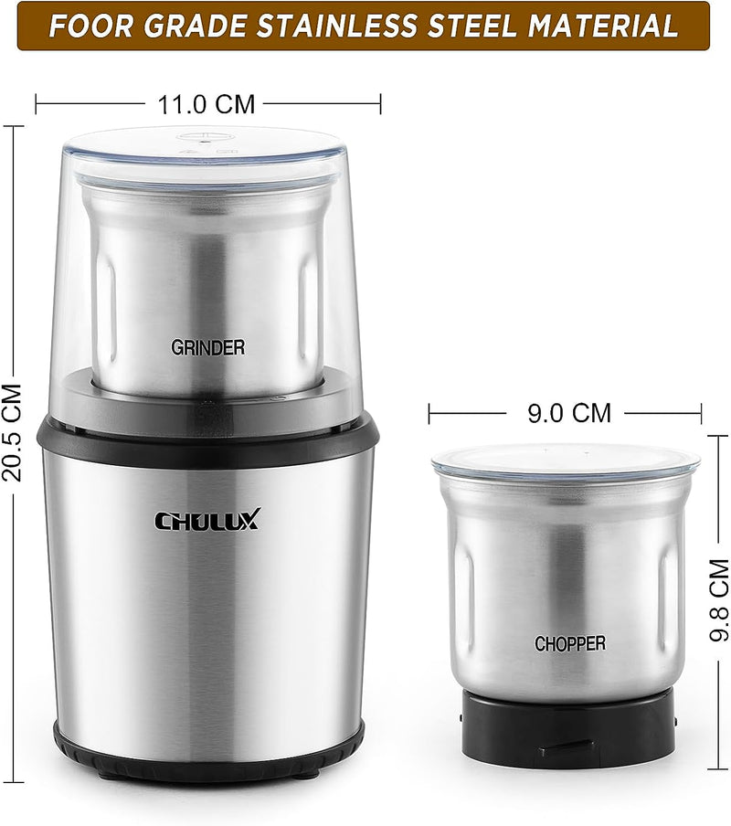 CHULUX Coffee Grinder Electric,Built-In Sharp Blade Spice Grinder with 2 Detachable Stainless Steel Bowls for Coffee, Spices, Herbs, Nuts, Grains,Lid Actived Safety Switch