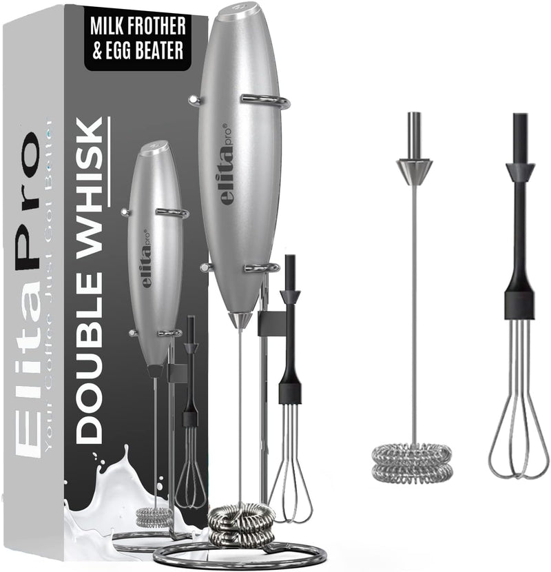 ELITAPRO ULTRA-HIGH-SPEED 19,000 RPM, Milk Frother DOUBLE WHISK, Unique Detachable EGG BEATER and STAND For quick preparation (Black)