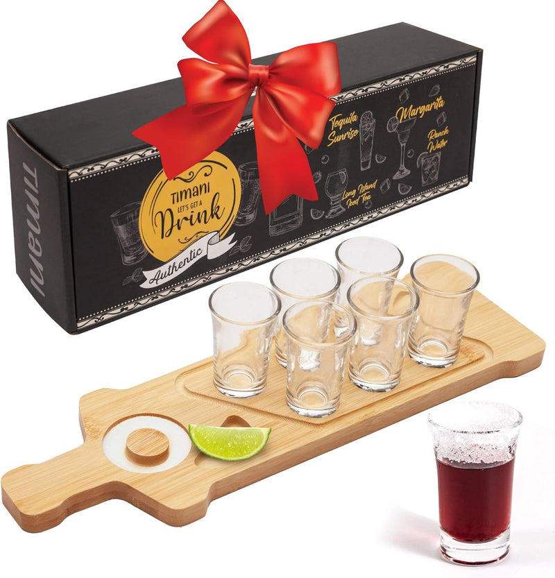 Tequila Shot Board Set with 6 shot glasses, Shot Glasses Holder Serving Tray - Tequila Serving Tray with Lemon Space, Salt Rimmer & 6 Glasses of 1.5 Oz - Shot Set - Party Shot Board -Margarita liquor