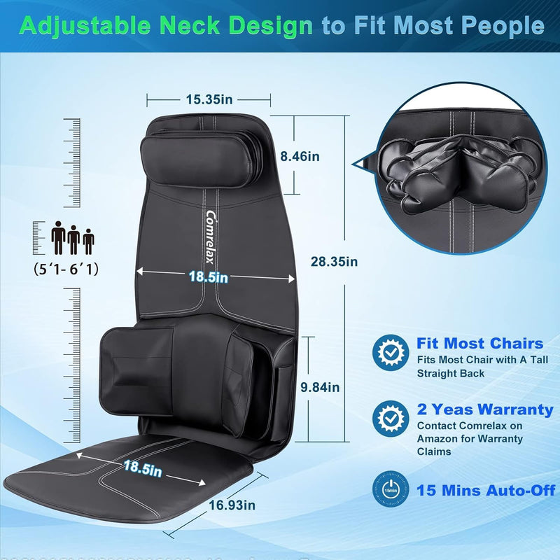 Back-Massager with Compression and Vibration Massage, Massage Chair Pad for Home Office Use, Height-Adjustable Seat Massager Cushion for Neck Back Waist HIPS, 3 Modes & 3 Intensities, Soft Leather