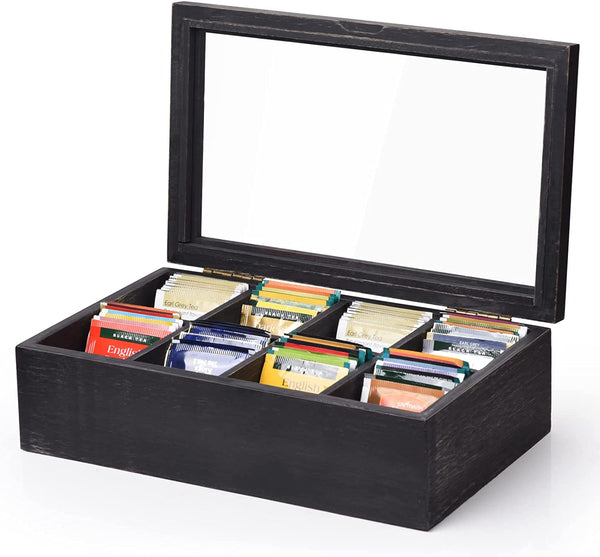 Alsonerbay Wooden Tea Box Tea Bag Holder Kitchen Storage Chest Box for Spice Pouches and Sugar Packets with 8 Compartments and Glass Window Weathered Black