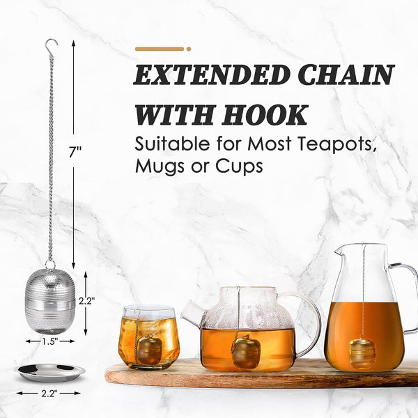 Yoassi 2 Pack Tea Infusers for Loose Tea, Extra Fine Mesh 18/8 Stainless Steel Tea Strainers, Loose Leaf Tea Steeper Tea Ball Tea Diffuser Tea Holder with Extended Chain Hook and Drip Tray