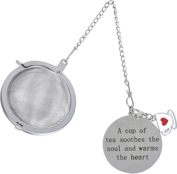 Best Tea Ball Infuser with Teapot Charm and Stainless Steel Disc – “A Cup of Tea Soothes The Soul and Warms The Heart” - Stainless Steel Mesh - Single Cup - Perfect Strainer for Loose Leaf Tea