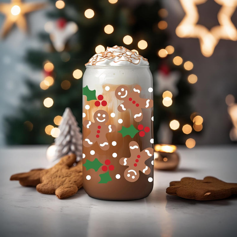 Coolife Holly Gingerbread Man Christmas Decorations, Gifts for Women Men Kids - 16 oz Glass Cup Tumbler w/Straw Lid, Christmassy Preppy Glass Cups w/Lids Straws for Smoothie Iced Coffee Beer