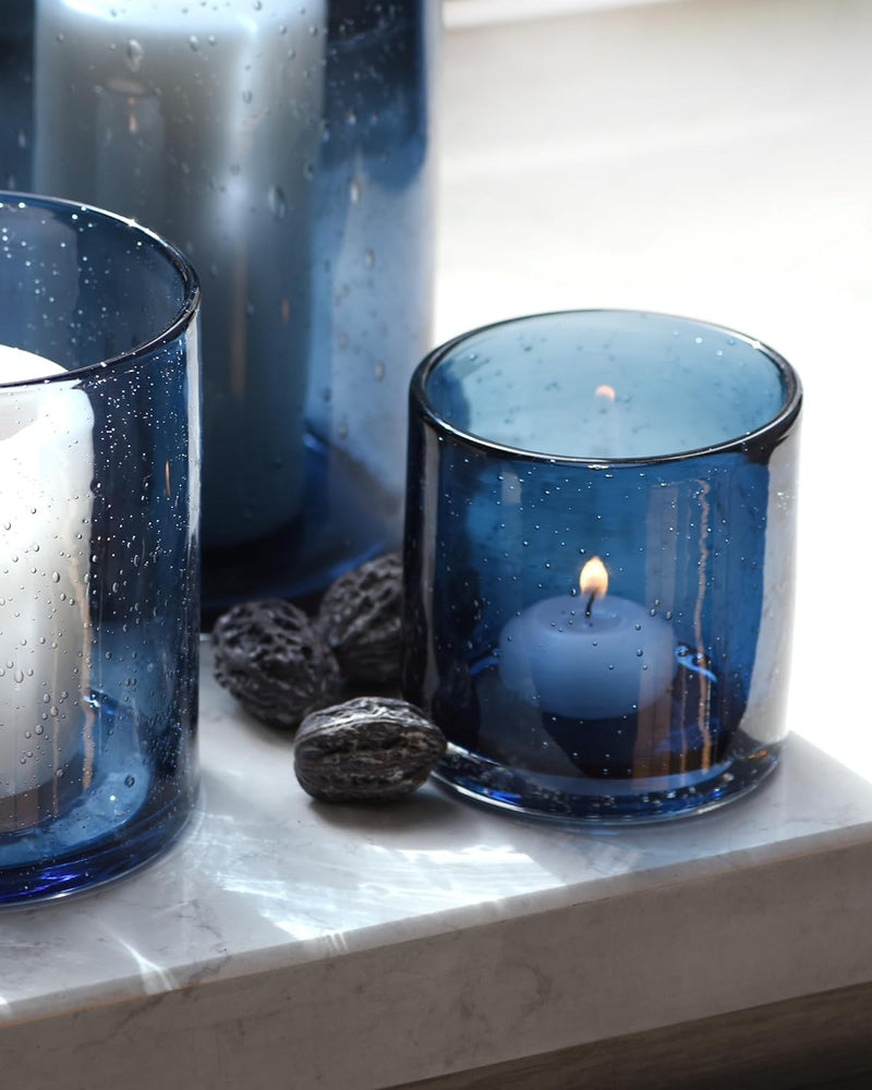 ARIAMOTION Candle Holder for Pillar Set 3 Modern Glass Bubbles Hurricane Cylinder Vases Table centerpieces Blue Home Decor Tabletop Kitchen Island Dining Room Coffee Bar 8" 5" 3.5" Height