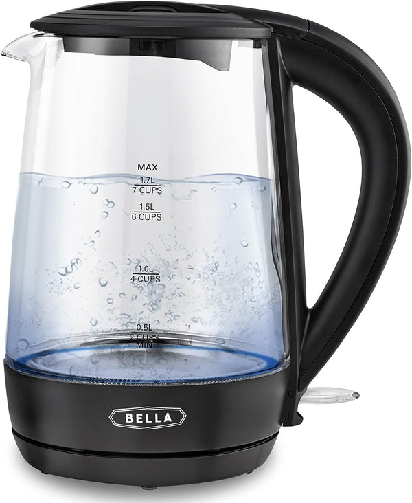 BELLA 1.7 Liter Glass Electric Kettle, Quickly Boil 7 Cups of Water in 6-7 Minutes, Soft Blue LED Lights Illuminate While Boiling, Cordless Portable Heater, Carefree Auto Shut-Off, Black