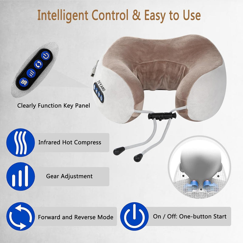 IVYARD Neck Massager, Electric Neck Massager with 3 Force Levels & 3 Modes, Electric Rechargeable Massage Cushion Pillow, Deep Tissue Kneading Neck Massager for Pain Relief at Home, Office