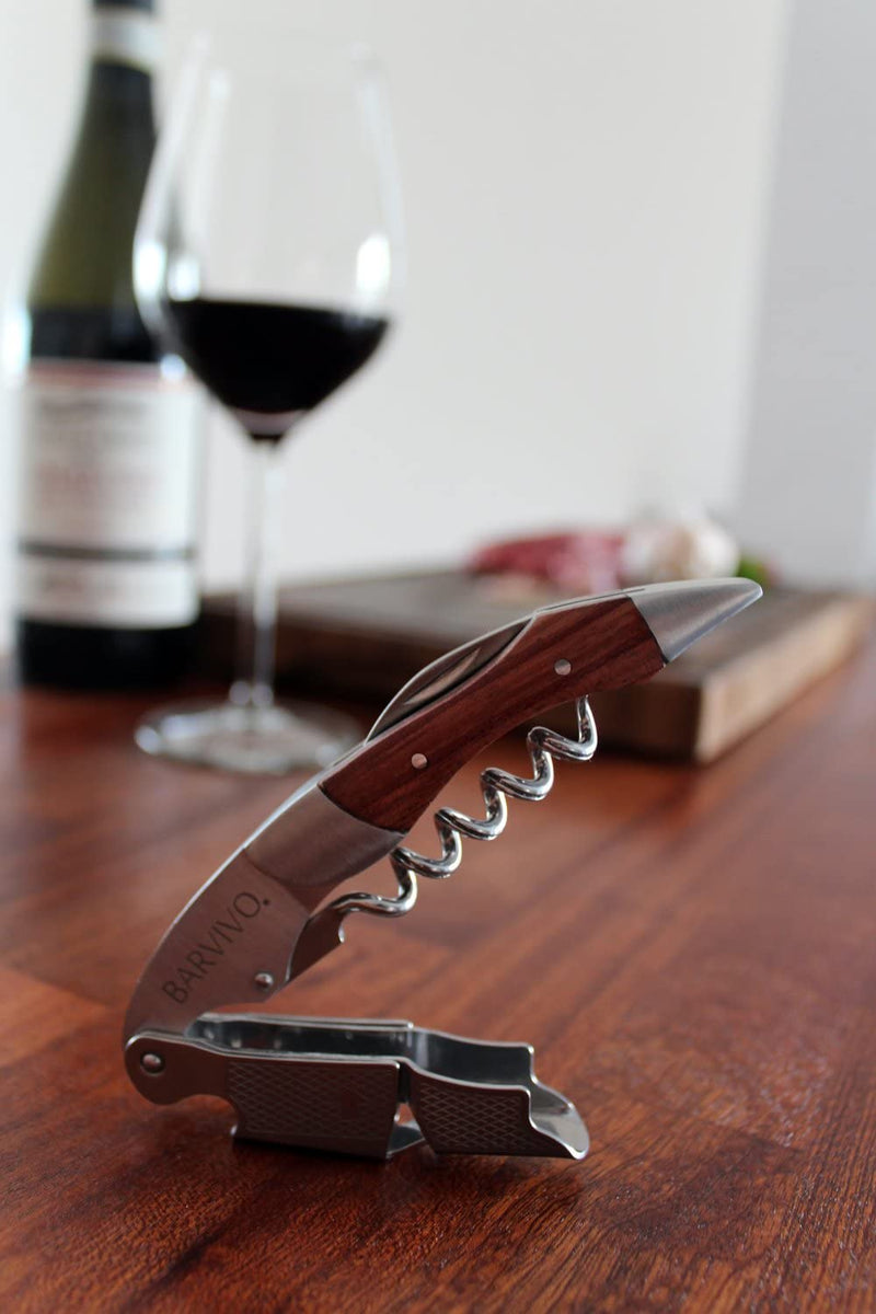 Barvivo Natural Rosewood Wine Opener with Foil Cutter Knife & Cap Remover, Double Hinged Manual Wine Key for Bartenders, Servers, Waiters, Stainless Steel Wine Bottle Opener Corkscrew