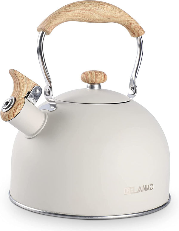 Tea Kettle, BELANKO 85 OZ / 2.5 Liter Whistling Tea Kettle Pots for Stove Top Food Grade Stainless Steel with Wood Pattern Folding Handle, Loud Whistle for Tea, Coffee, Milk - Milk White