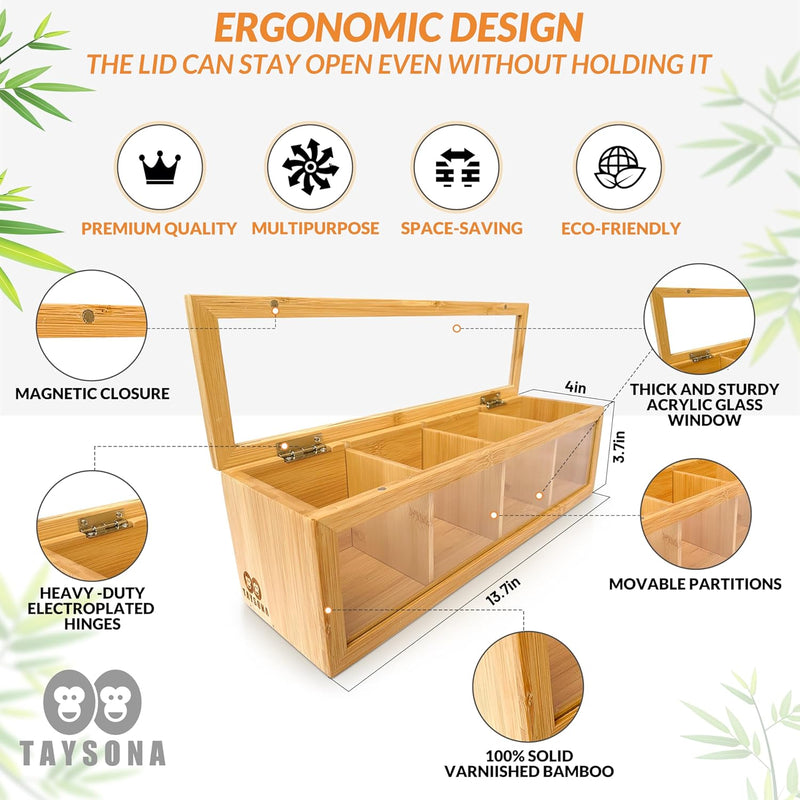 TAYSONA Bamboo Tea Bag Organizer: Wooden Tea Box with 4 Compartments, Clear Acrylic Windows - Magnet Lid - Keeps Tea Bags Fresh - Elegant Kitchen Organizer for Tea Lovers - Ideal for Christmas Gifts