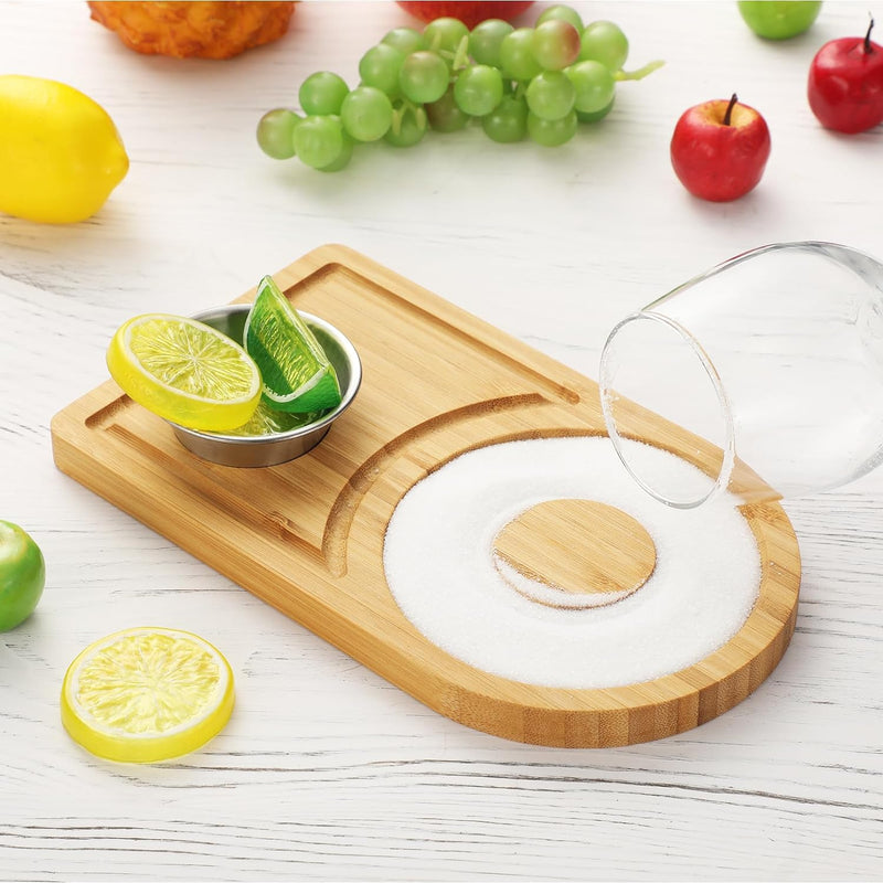 Tioncy 2 Pcs Margarita Salt Rimmer Set Bamboo Wood Glass Rimmer for Cocktails with Stainless Steel Plates Margarita Salt Dish Bar Rimmer Tray Bar Salt and Sugar Rimmer for Wide Glasses up to 4.7 Inch