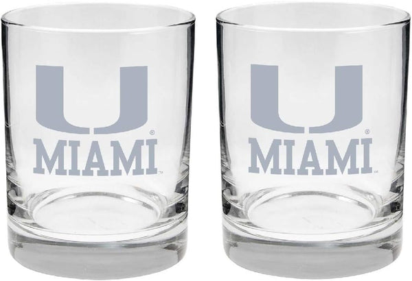 Miami Hurricanes 2-Sided Etched Satin Finish Rock or Whiskey Glasses Set of 2