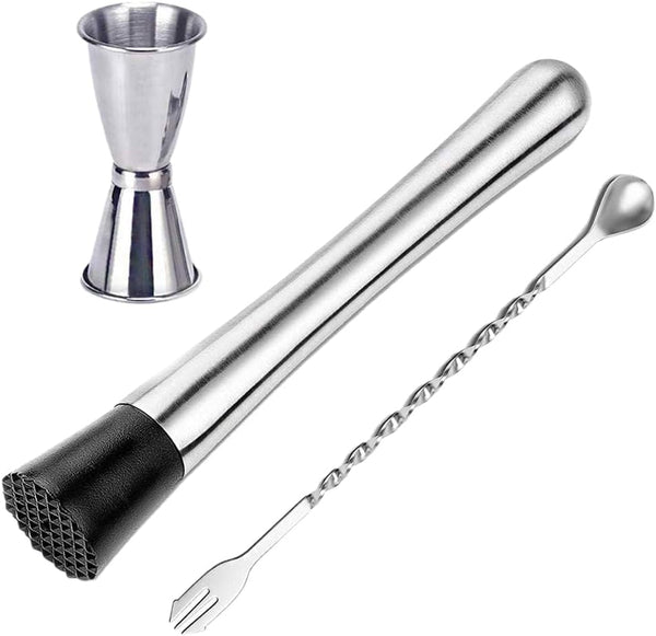 Aulpon Muddler and Mixing Spoon with Jigger for Cocktail 8in Stainless Steel Mojito Muddler Home Bar Tool Set (1/2oz, 1oz) Used to debug Delicious Cocktails, Drinks, Juice