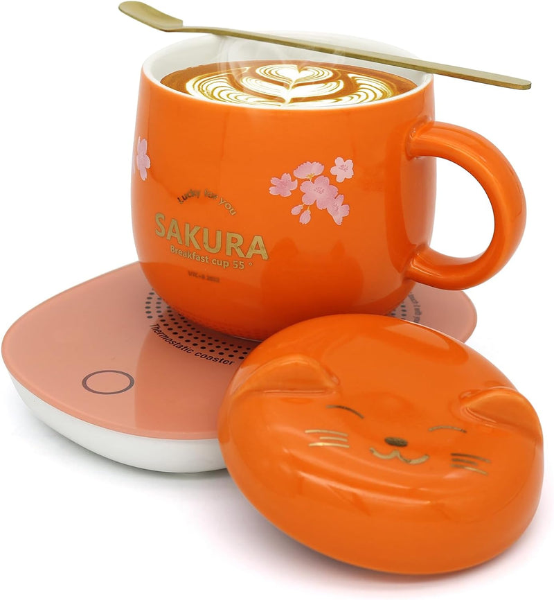 LIZHIGU Coffee Warmer with Mug - Cute Coffee Cups Cat Mug Cup Warmer Mug Warmer for Desk Coffee Cup for Women Smart Coffee Mug Warmer Coffee Mug Warmer is The Gift with Gift Box Pink