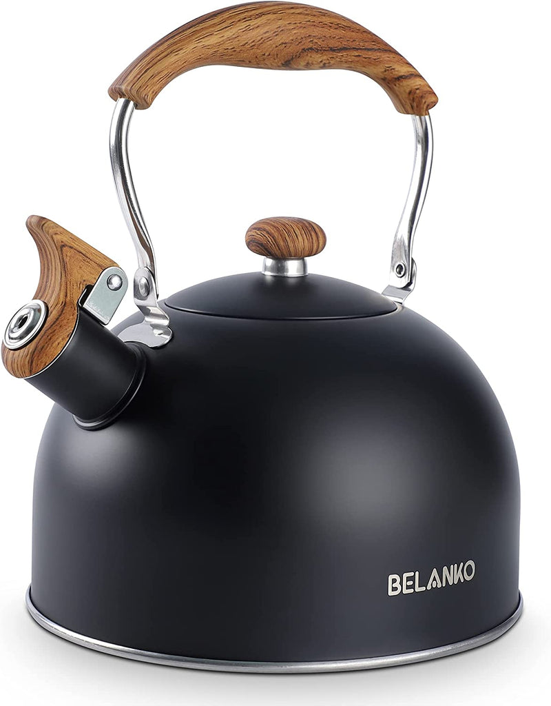 Tea Kettle, BELANKO 85 OZ / 2.5 Liter Whistling Tea Kettle Pots for Stove Top Food Grade Stainless Steel with Wood Pattern Folding Handle, Loud Whistle for Tea, Coffee, Milk - Milk White