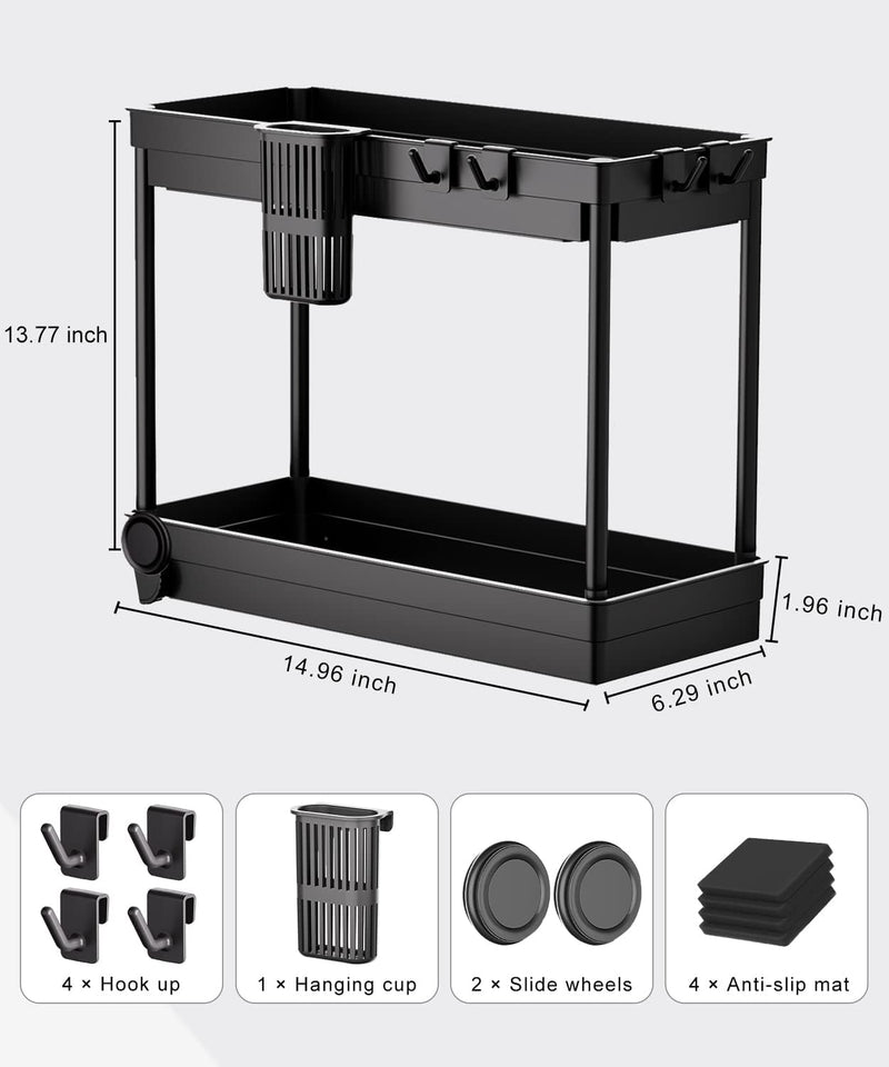 Fowooyeen Under Sink Organizers and Storage, Bathroom Organization Cabinet with Hooks Hanging Cup, Multi-Purpose Sliding Countertop Storage Shelf for Bathroom and Kitchen Semi-Transparent