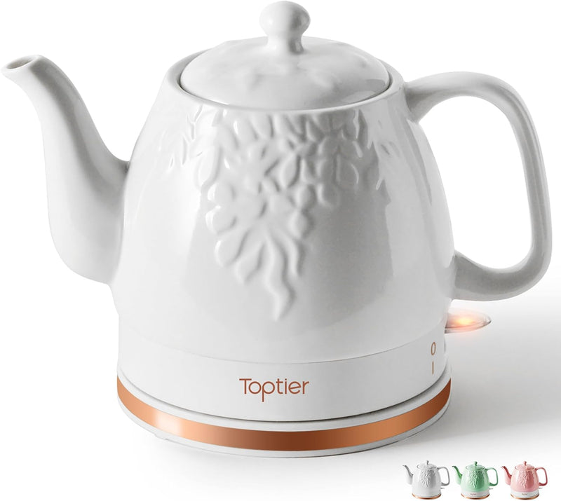 Toptier Electric Ceramic Tea Kettle, Boil Water Quickly and Easily, Detachable Swivel Base & Boil Dry Protection, Carefree Auto Shut Off, 1 L, White Leaf