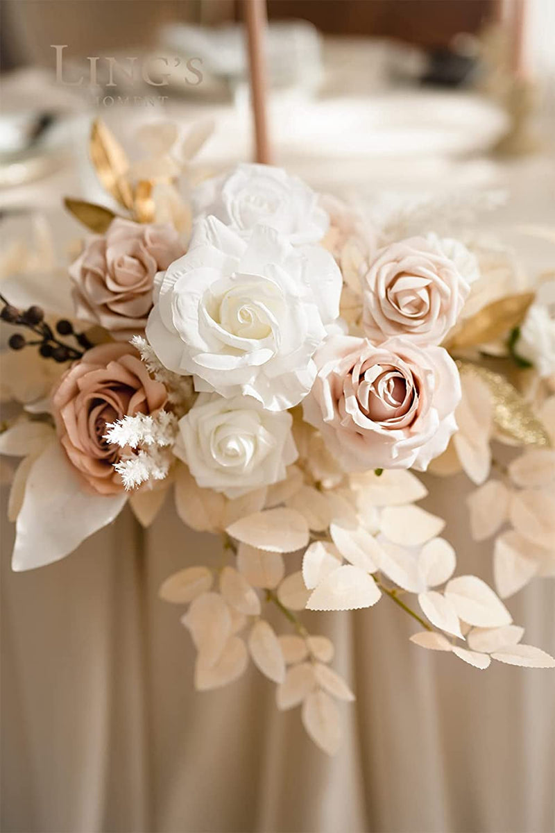 2PC Wedding Centerpiece Swags - Artificial Flower Greenery Arrangements for Sweetheart Table Car Wall Window Arch Garden - White Beige
