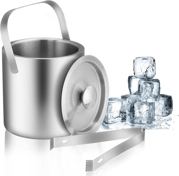 LUCKYGOOBO Mini Stainless Steel Ice Bucket Portable Double Wall Ice Bucket with Tong, Hotel Bucket/Champagne Bucket/Beverage Bucket,Size 1.3 Liters 5.5 x 5.5 in,Serveware for Party,Event,and Camping.