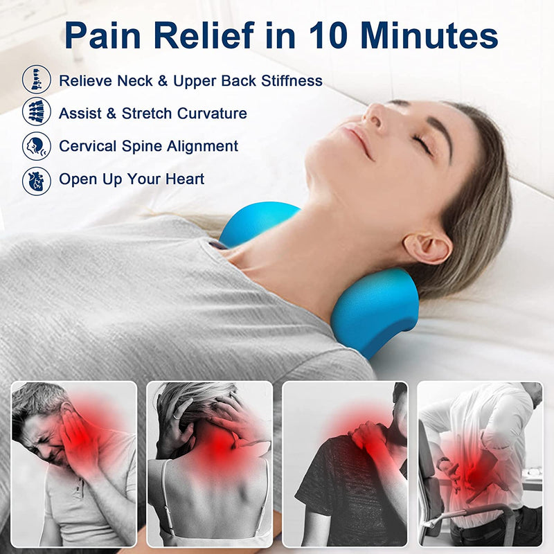 Neck and Shoulder Relaxer with Upper Back Massage Point, Cervical Traction Device Neck Stretcher for TMJ Pain Relief and Cervical Spine Alignment Chiropractic Pillow (Blue)