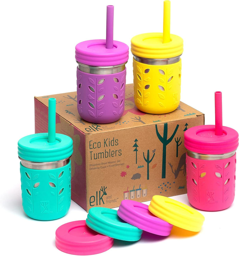 Elk and Friends Stainless Steel Cups | Mason Jar 10oz | Kids & Toddler Cups with Silicone Sleeves & Straws with Stopper | Spill proof Smoothie Cups