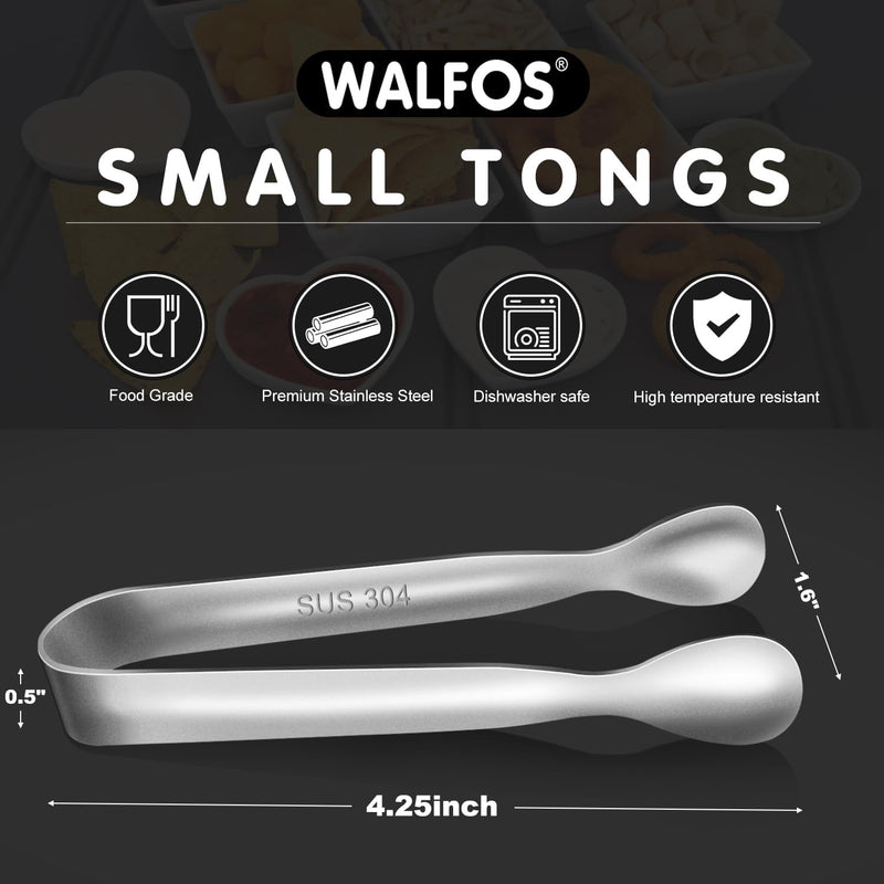 Walfos Mini Tongs for Serving Food, Small Tongs Stainless Steel Kitchen Tiny Tongs for Appetizers, Sugar，Desserts，Tea Party, Coffee Bar, Set of 12 （Silver）