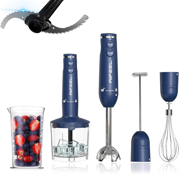 Aifeel Immersion Hand Blender, Set with 500ML Food Processor, Ice Crusher. 600ML Measuring Cup, SUS blending attachment and Wire Whisk - Blue