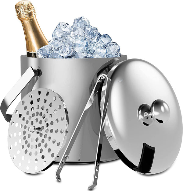 Sunmeyke Double Wall Stainless Steel Insulated Ice Bucket(1.7 Quarts), with Lid Strainer and Tongs, Great for Cocktail Bar and Parties