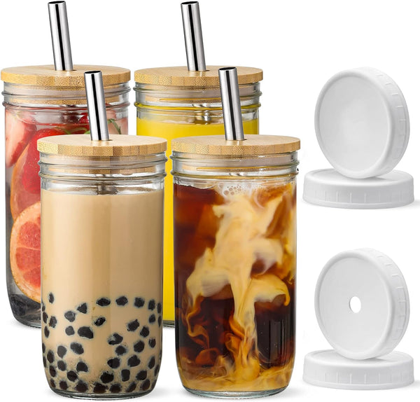 4 Pack Glass Cups with Lids and Straws, Reusable Bubble Tea Cup 24oz Boba  Cup Travel Mason Jar Cups Tumbler Glass for Soda Smoothie Iced Coffee Large  Pearl Juice 