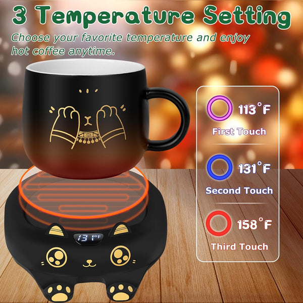 PUSEE Coffee Mug Warmer & Cute Cat Mug Set, Coffee Cup Warmer for Desk with Auto Shut Off, Beverage Warmer with 3 Temp Settings, Candle Warmer Coffee Warmer with Mug Set for Christmas & Birthday Gifts