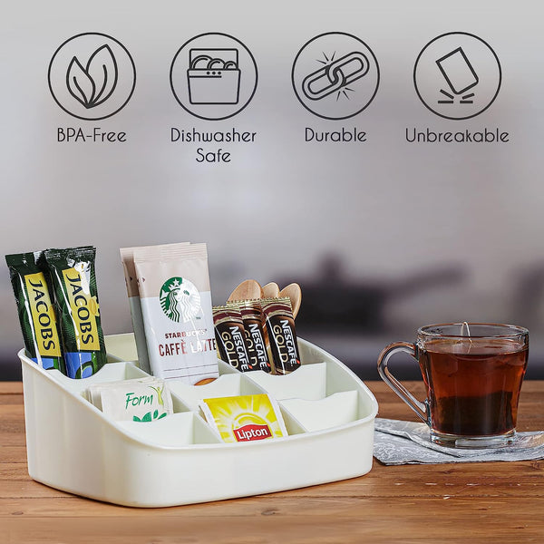 Tea Bag Organizer, Plastic Storage Box for Countertop, Cabinet, Kitchen Pantry, Tea Caddy Holder, 12 Section Container for Small Items and Accessories, White