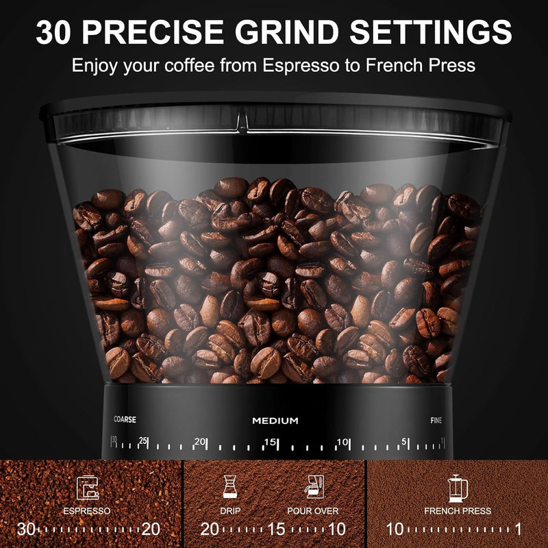 Burr Coffee Grinder, AMZCHEF Electric Coffee Bean Grinder with 30 Precise Settings, Anti-Static Espresso Coffee Grinder, Adjustable Burr Grinder for 1-14 Cups or 1-56 Seconds