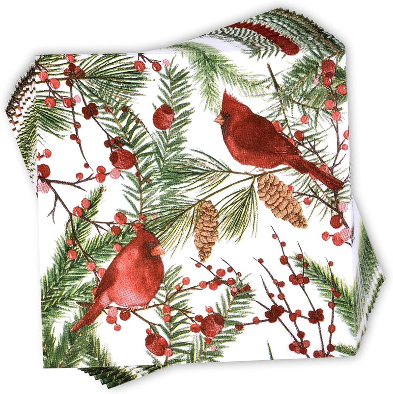100 Christmas Cardinal Cocktail Beverage Napkins 3 Ply Disposable Paper Decorative Elegant Holiday Xmas Red Cardinals Birds Dessert Dinner Hand Napkin for Winter Wedding Party Supplies Tableware Decor
