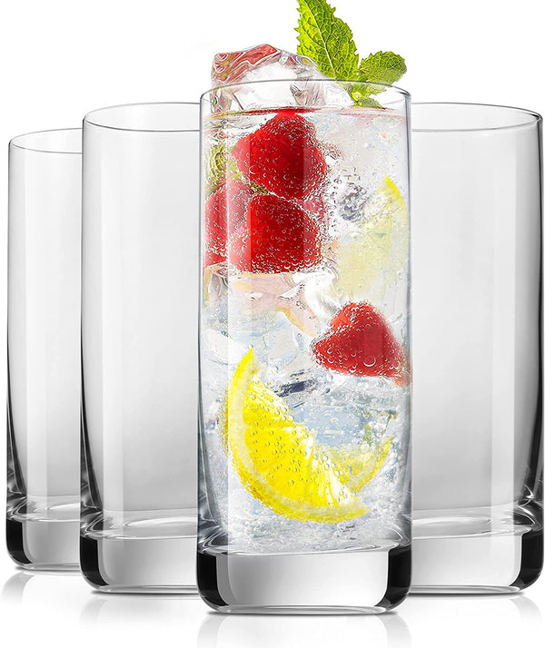 LEYU Highball Drinking Glasses Set of 4, Lead-Free Water Glasses. 13oz Tall Drink Glasses for Tom Collins, Mojito, Mixed Drink. kitchen and bar Cocktail Glass Cups Set-, Clear Glassware Sets