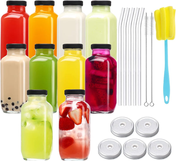 CUCUMI 10pcs 16oz Glass Juice Bottles with Lids, Reusable Juice Containers Drinking Jars Water Cups with Brush, Glass Straws, Lids with Hole