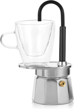 MVPLUE-Mini Express Swiss Single Tube Moka Pot Aluminum Silver，Moka Set includes One Double Wall 3oz Cup,Enjoy delicious coffee in no time