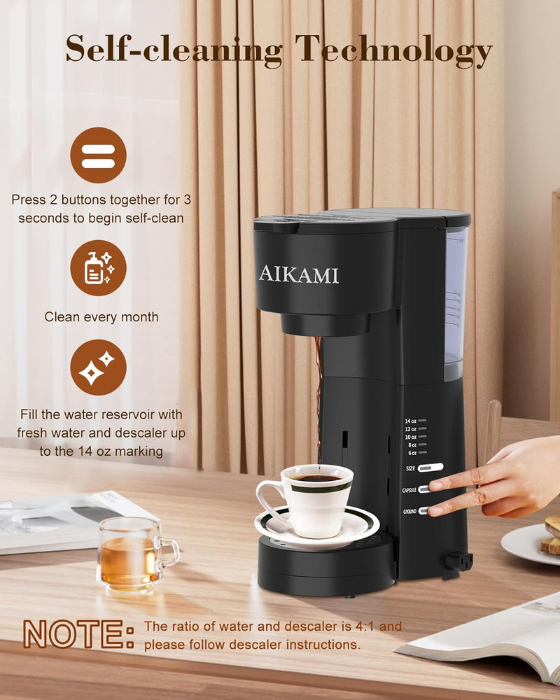 4 IN 1 Mini Coffee Maker Single Serve with Milk Frother and Coffee Grinder, Coffee Makers for K Cup & Ground, 6 to 14 Oz Brew Sizes, Coffee Machine with Water Window and Descaling Reminder, Black