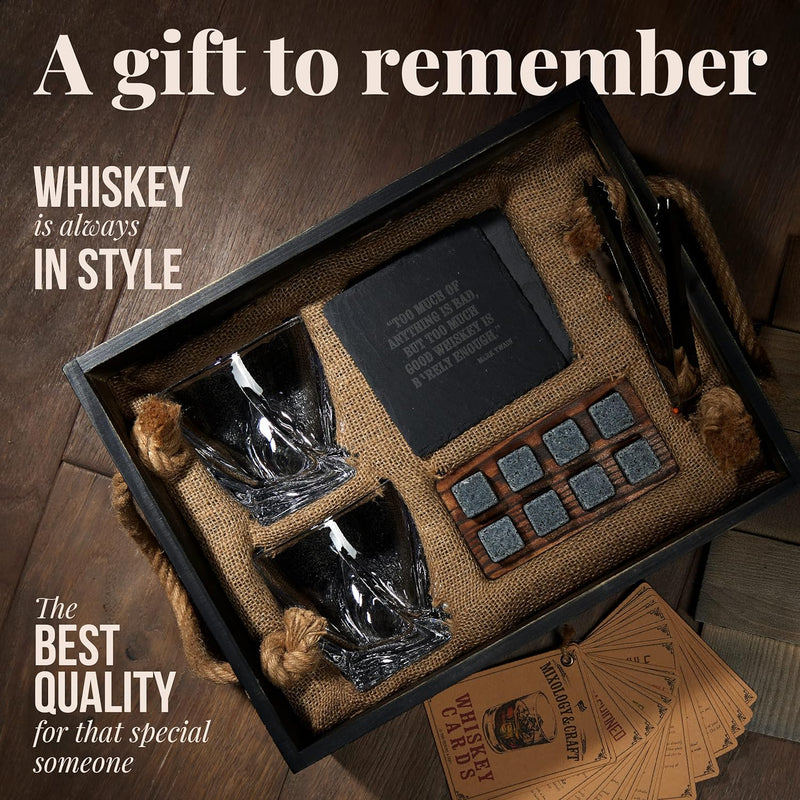 Mixology & Craft Whiskey Stones Gift Set for Men - 2 Glasses, 8 Chilling Rocks & Wooden Box - Whiskey Glass Gift Sets - Jameson Dark Brown