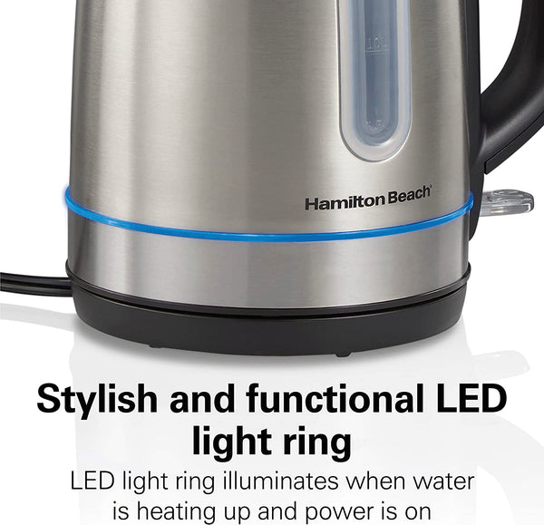 Hamilton Beach Electric Tea Kettle, Water Boiler & Heater, 1.7 Liter, Cordless Serving, 1500 Watts for Fast Boiling, Auto-Shutoff and Boil-Dry Protection, Stainless Steel with LED Light Ring (41037)