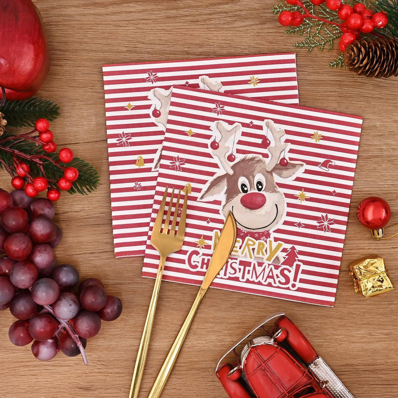 Homlouue 100 Christmas Paper Napkins 3ply, Merry Christmas Cocktail Napkins for Bathroom, Cartoon Reindeer Napkins Disposable for Dinner Kitchen Dinner, Paper Towels for Holiday Xmas Winter Christmas