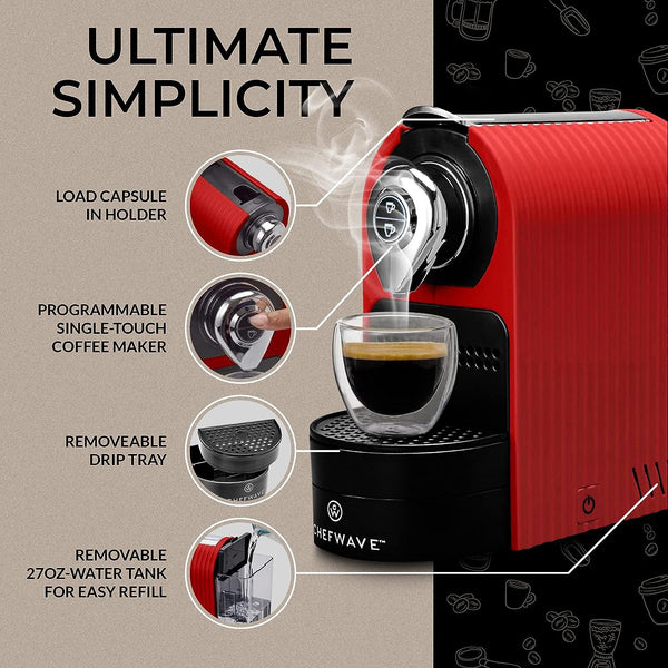 ChefWave Espresso Machine and Coffee Maker (Red) - Compatible with Nespresso Original Capsules, Programmable, One-Touch, Italian, 20 Bar High Pressure Pump Bundle with Pod Holder and Glasses