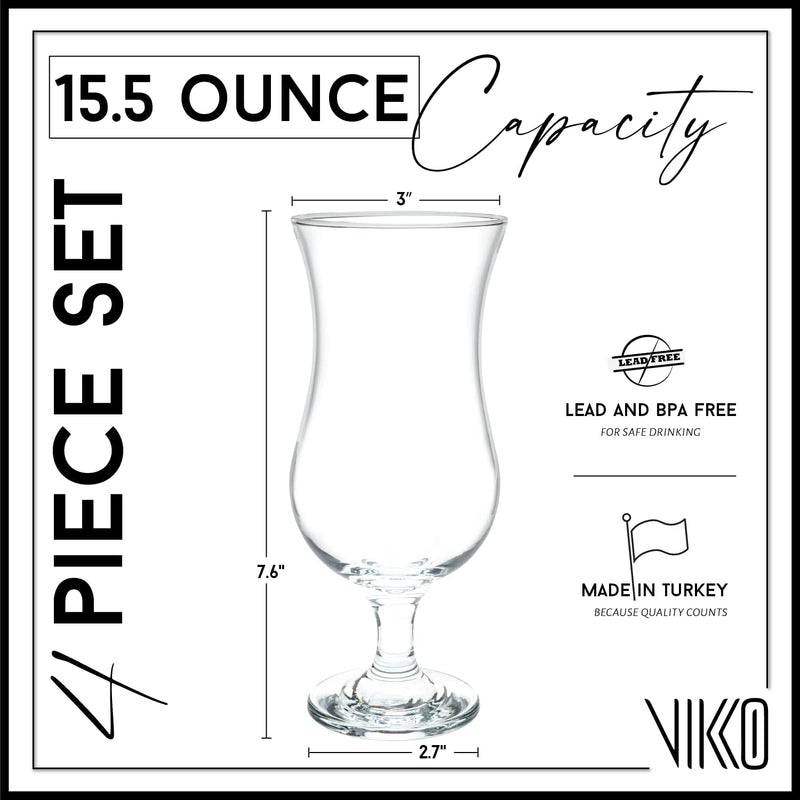 Vikko Hurricane Glasses, Set of 4 Pina Colada Glasses, 13.25 Ounce Cocktails Glasses Set, Durable Dishwasher Safe Party Glass