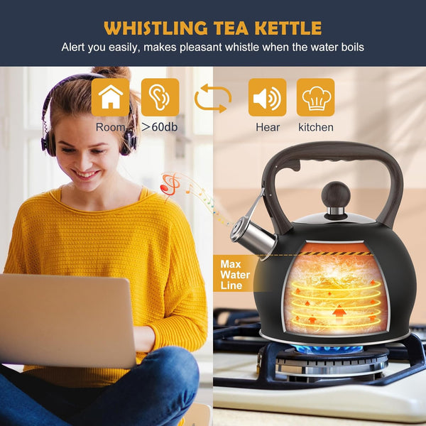 Tea Kettle Whistling Teapot for Stovetop - 2.64 Quart Food Grade Stainless Steel Tea Pot for Stove Top with Wood Pattern Handle, Loud Whistle Kettle for Tea, Coffee, Milk - Black