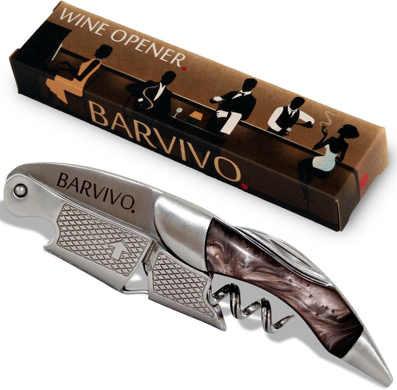 Barvivo Natural Rosewood Wine Opener with Foil Cutter Knife & Cap Remover, Double Hinged Manual Wine Key for Bartenders, Servers, Waiters, Stainless Steel Wine Bottle Opener Corkscrew