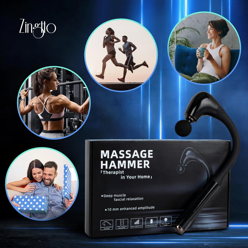 Zingtto Massage Gun Deep Tissue, Extension Handle Back Massage Gun for Athletes for Pain Relief, Hand-Free Percussion Muscle Massager with 5 Speeds and 4 Heads Home Gym Workout Recovery