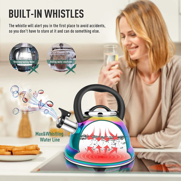 Whistling Tea Kettle for Stovetop, 3.5L Stainless Steel Tea Pot with Cool Ergonomic Folding Handle, Rainbow Induction Kettles for Boiling Water, Mirror Finish…