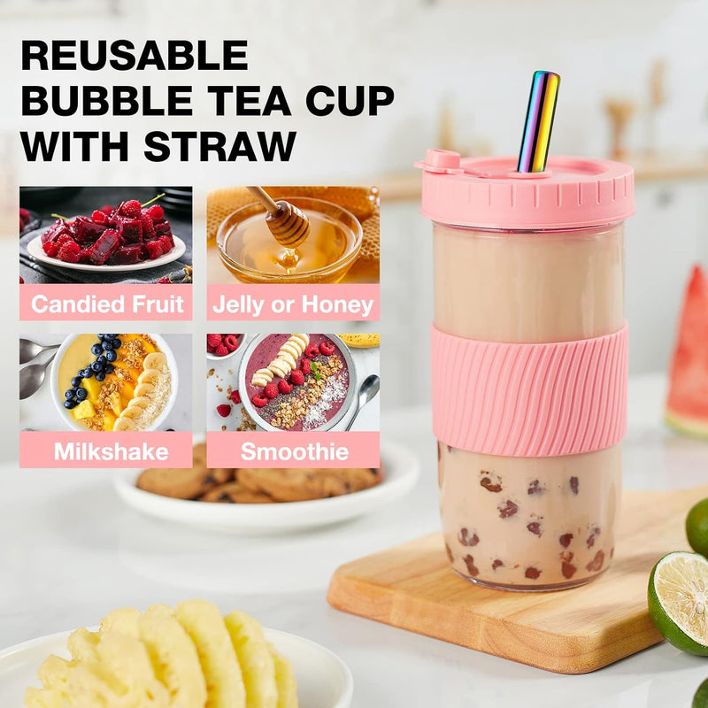 Mfacoy (4 Pack x 2 Size Reusable Boba Cup, 24oz & 16oz Bubble Tea & Smoothie Cups with Lids and Stainless Straws, Wide Mouth Mason Jar Drinking Glasses with Silicone Sleeve for Travel