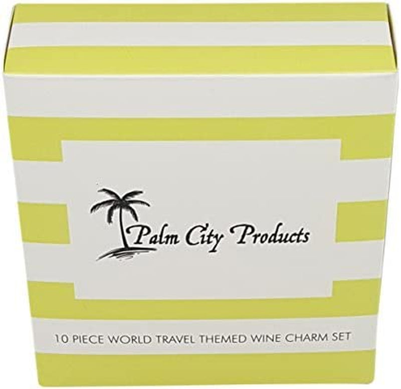 Palm City Products 10 Piece World Travel Themed Wine Charm Set - Traveler Stemmed Wine Glass Charms