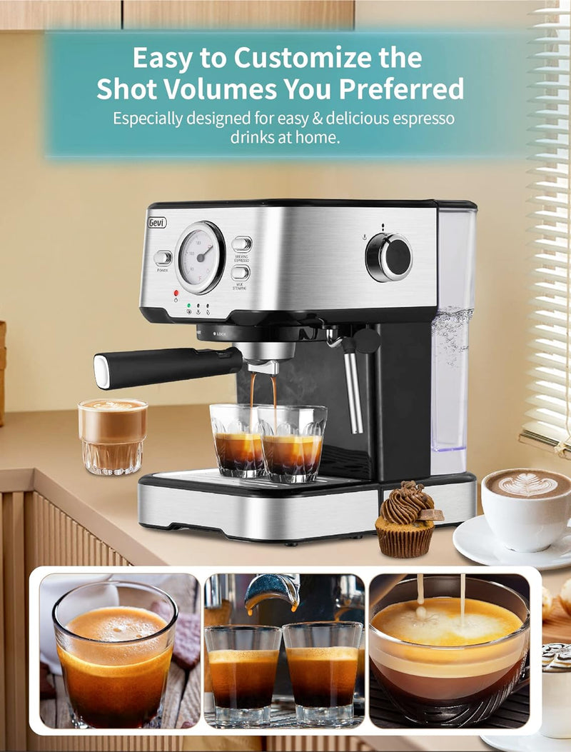 Gevi Espresso Coffee Machine,Espresso Machine with Steamer, Compact Semi Espresso Maker with Milk Frother for Home, Stainless Steel Cappuccino Machine for Cappuccino, Latte, 1100W